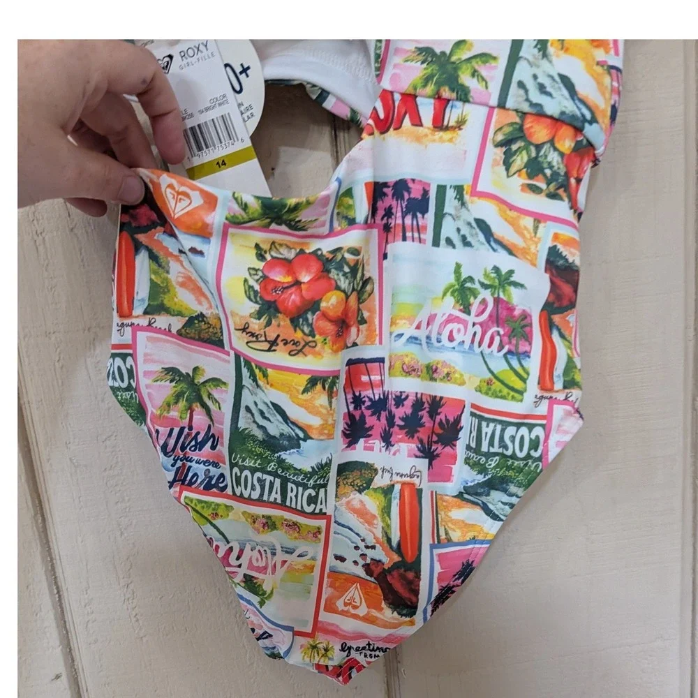 Roxy Girls Tropical‎ Postcard Cutout One Piece Swimsuit One Shoulder Size 14 NWT
